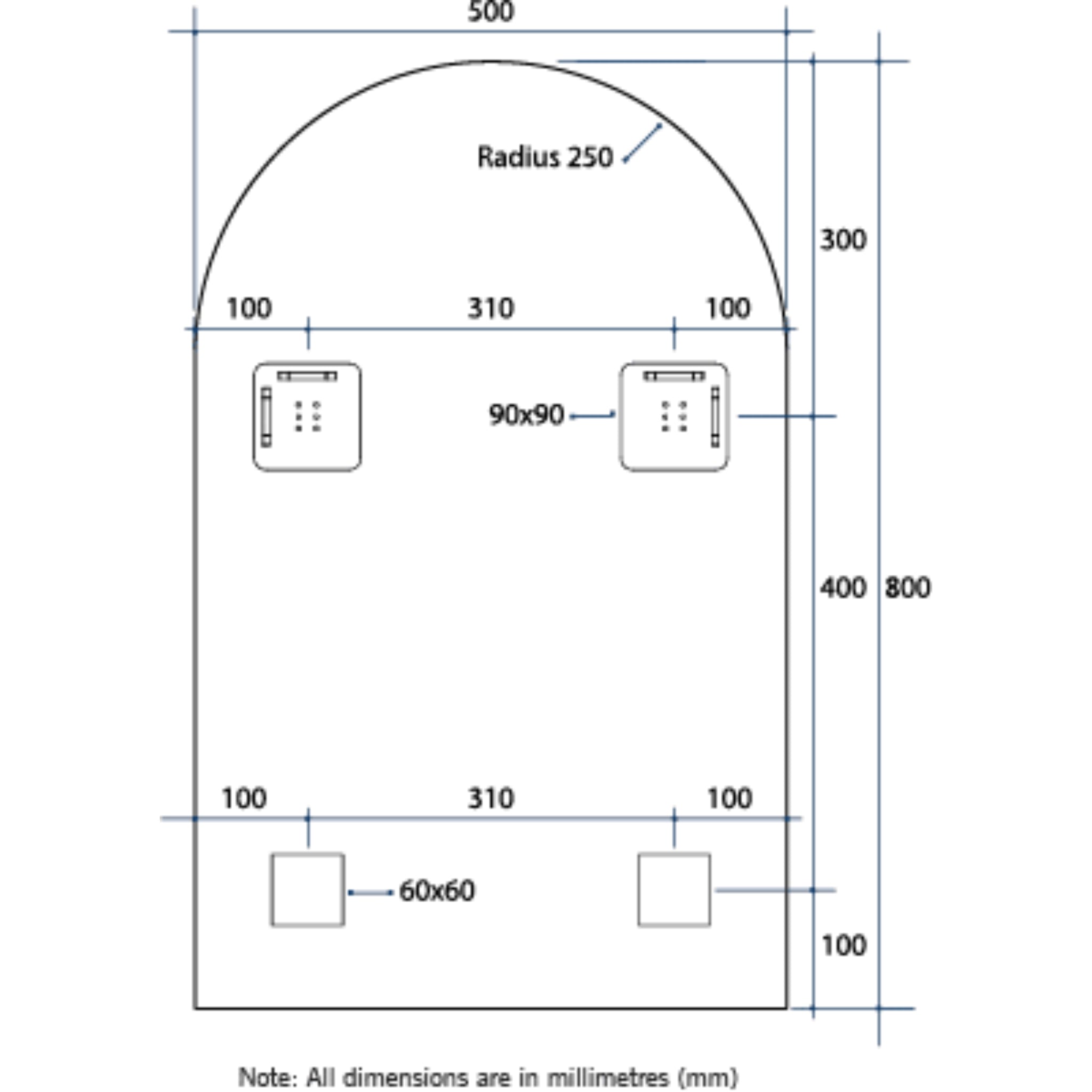 THERMOGROUP ABLAZE ARCH SHAPE MIRROR WITH HANGERS INCLUDING DEMISTER 500X800MM