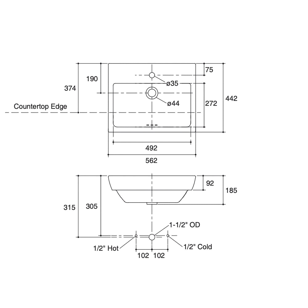 KOHLER PARLIAMENT SEMI-RECESSED BASIN WHITE 560MM