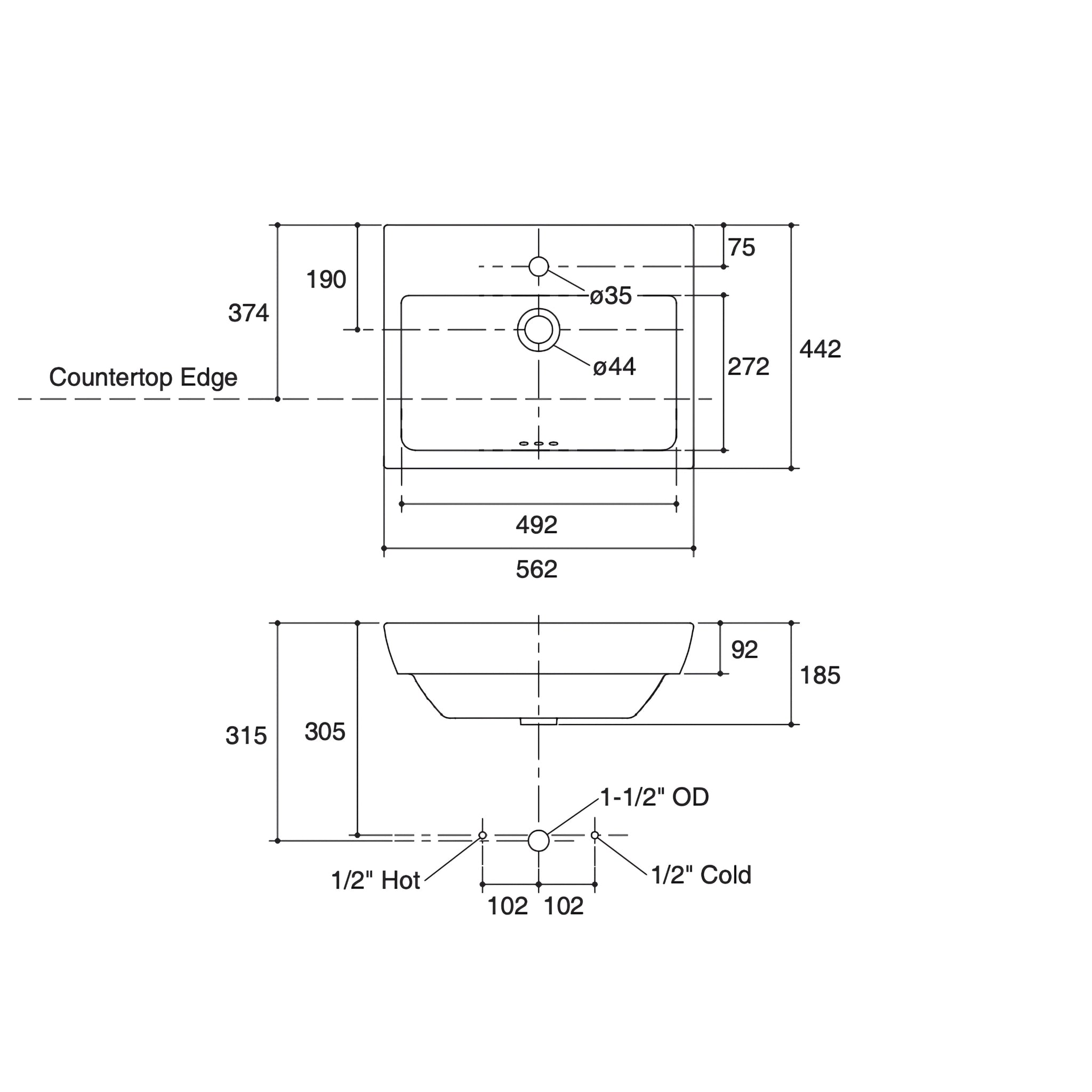 KOHLER PARLIAMENT SEMI-RECESSED BASIN WHITE 560MM