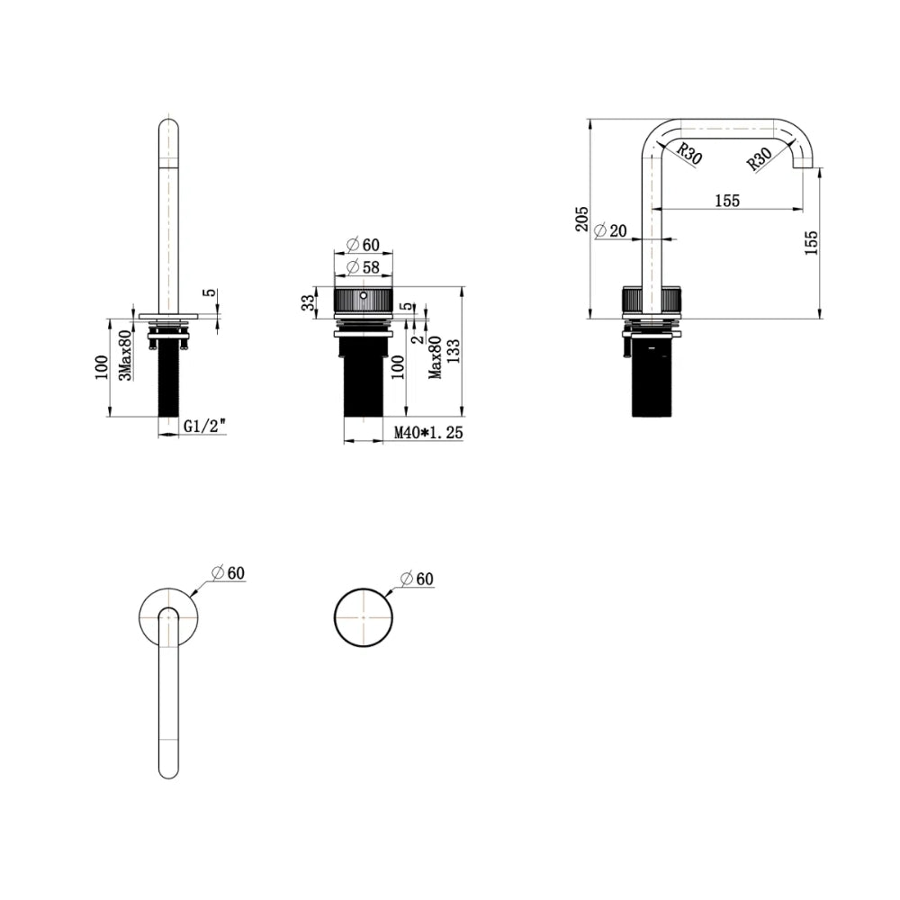 BELLA VISTA MICA LEAD FREE FLUTED SOFT-SQUARE HOB BASIN MIXER SET 205MM BLACK