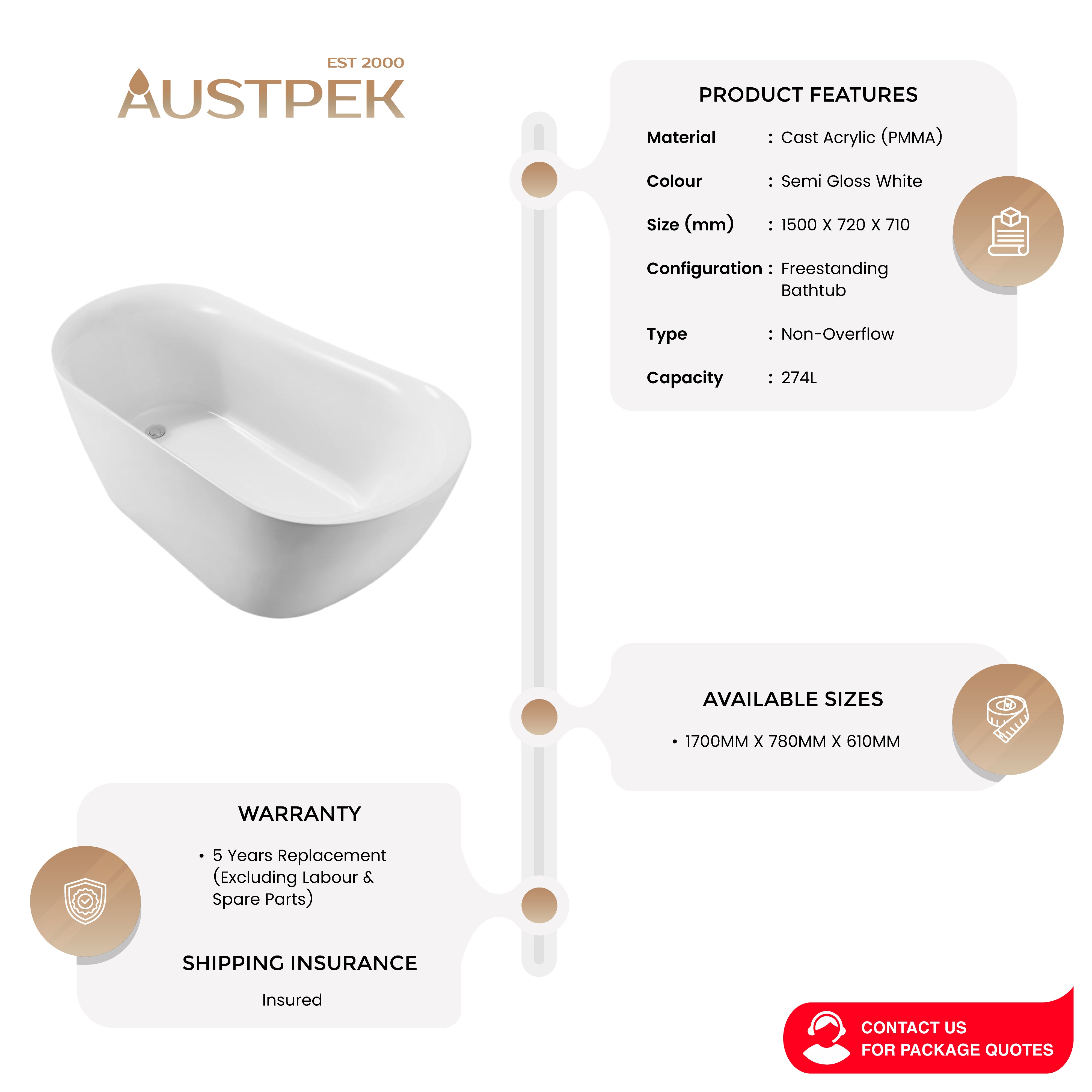 BELBAGNO ROMANO FREE STANDING BATHTUB SEMI GLOSS WHITE (AVAILABLE IN 1500MM AND 1700MM)