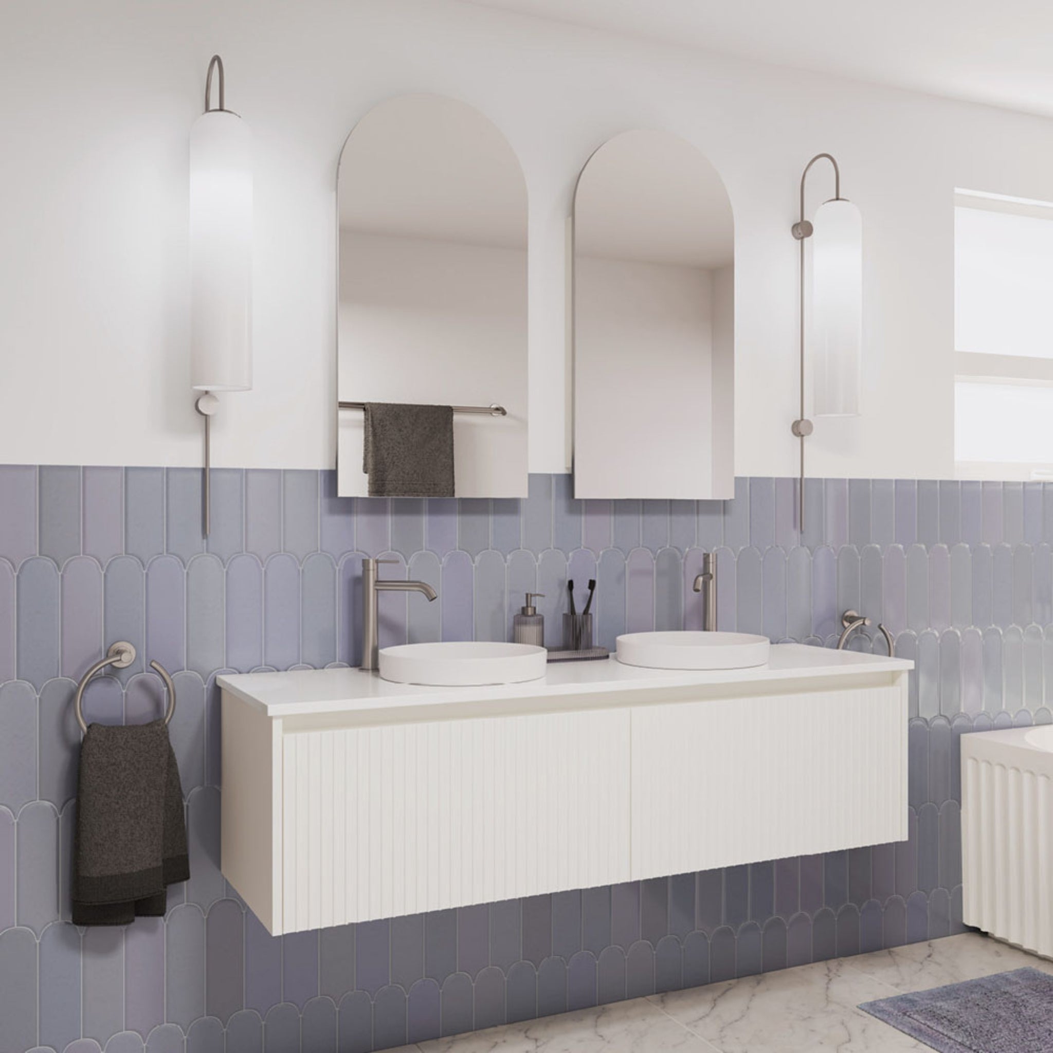 FIENZA ALINA SATIN WHITE FLUTED 1500MM DOUBLE BOWL WALL HUNG VANITY