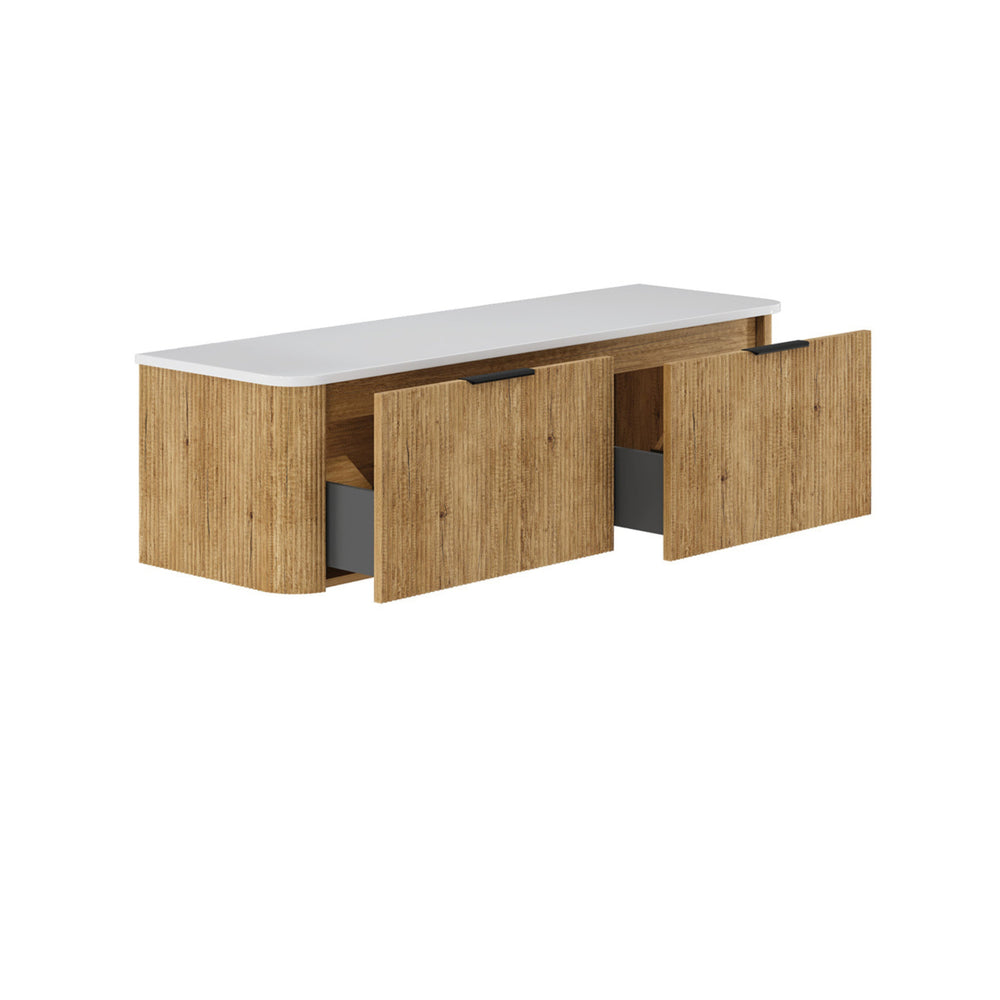 FIENZA MINKA SCANDI OAK FLUTED 1500MM CURVE DOUBLE BOWL WALL HUNG VANITY