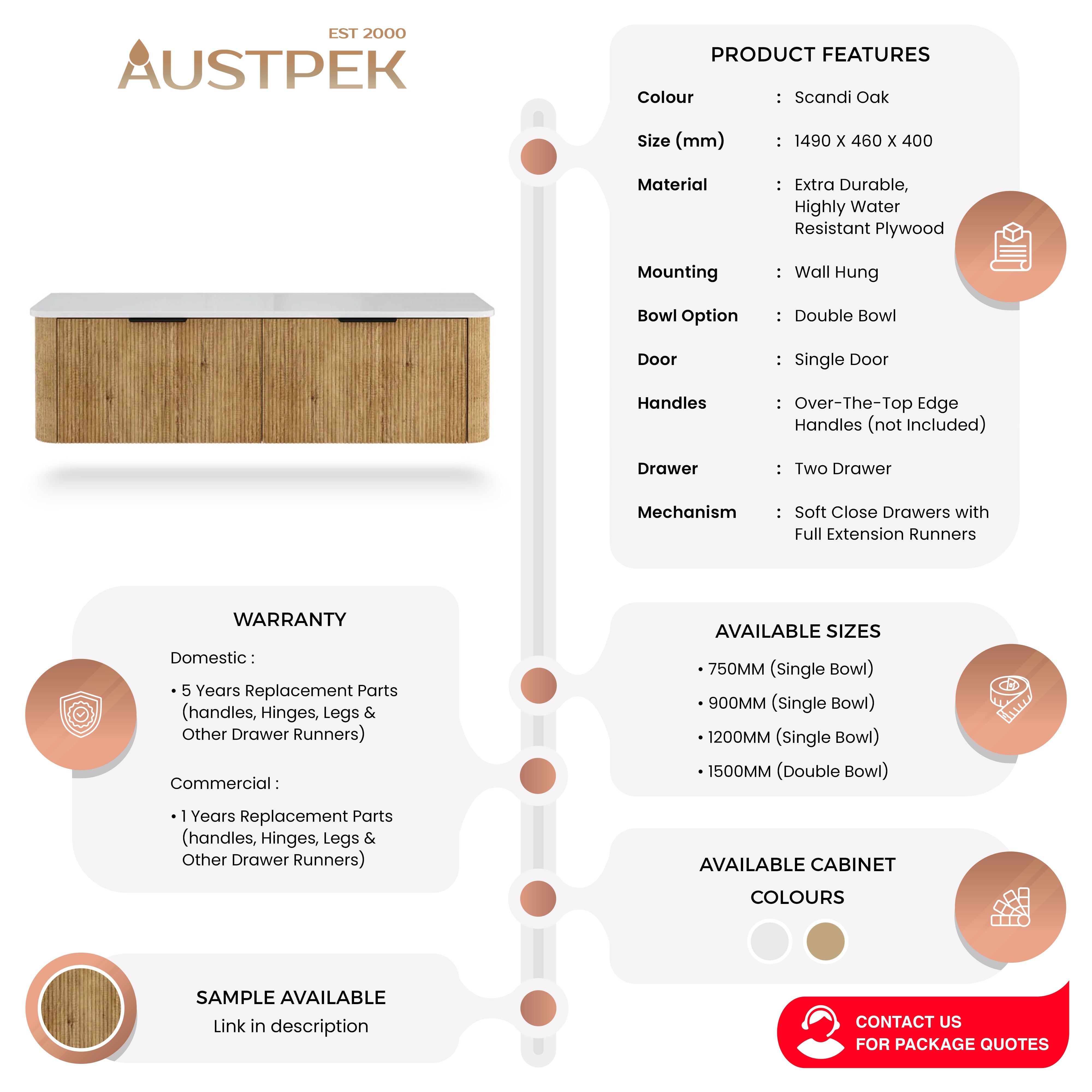 FIENZA MINKA SCANDI OAK 1500MM DOUBLE BOWL WALL HUNG VANITY