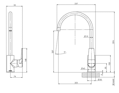 PHOENIX ARLO GOOSENECK LEAD FREE SINK MIXER 200MM MATTE BLACK