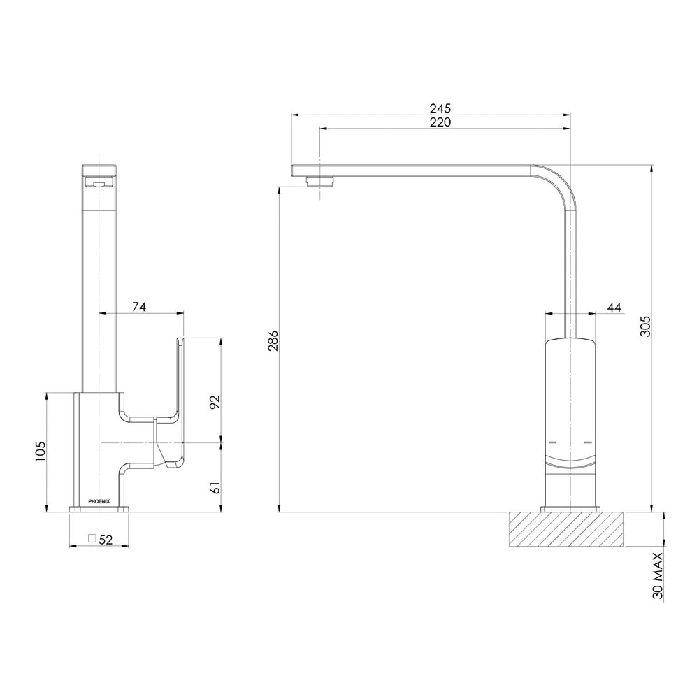 PHOENIX TEVA SQUARELINE LEAD FREE SINK MIXER 305MM MATTE BLACK