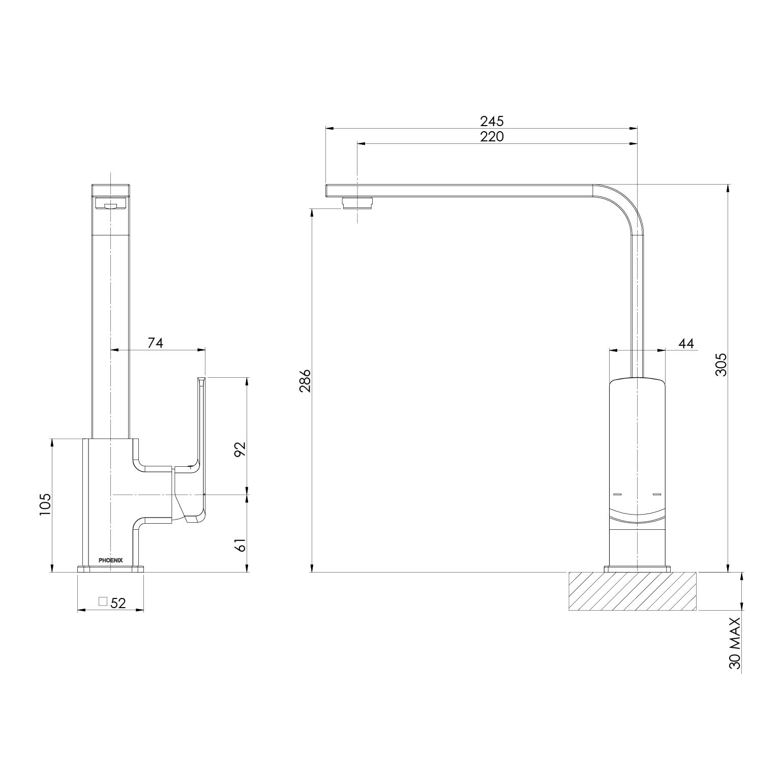 PHOENIX TEVA SQUARELINE LEAD FREE SINK MIXER 305MM MATTE BLACK