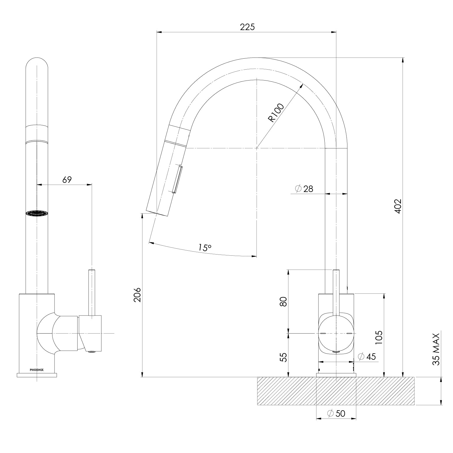 PHOENIX PINA LEAD FREE PULL OUT SINK MIXER 230MM BRUSHED NICKEL