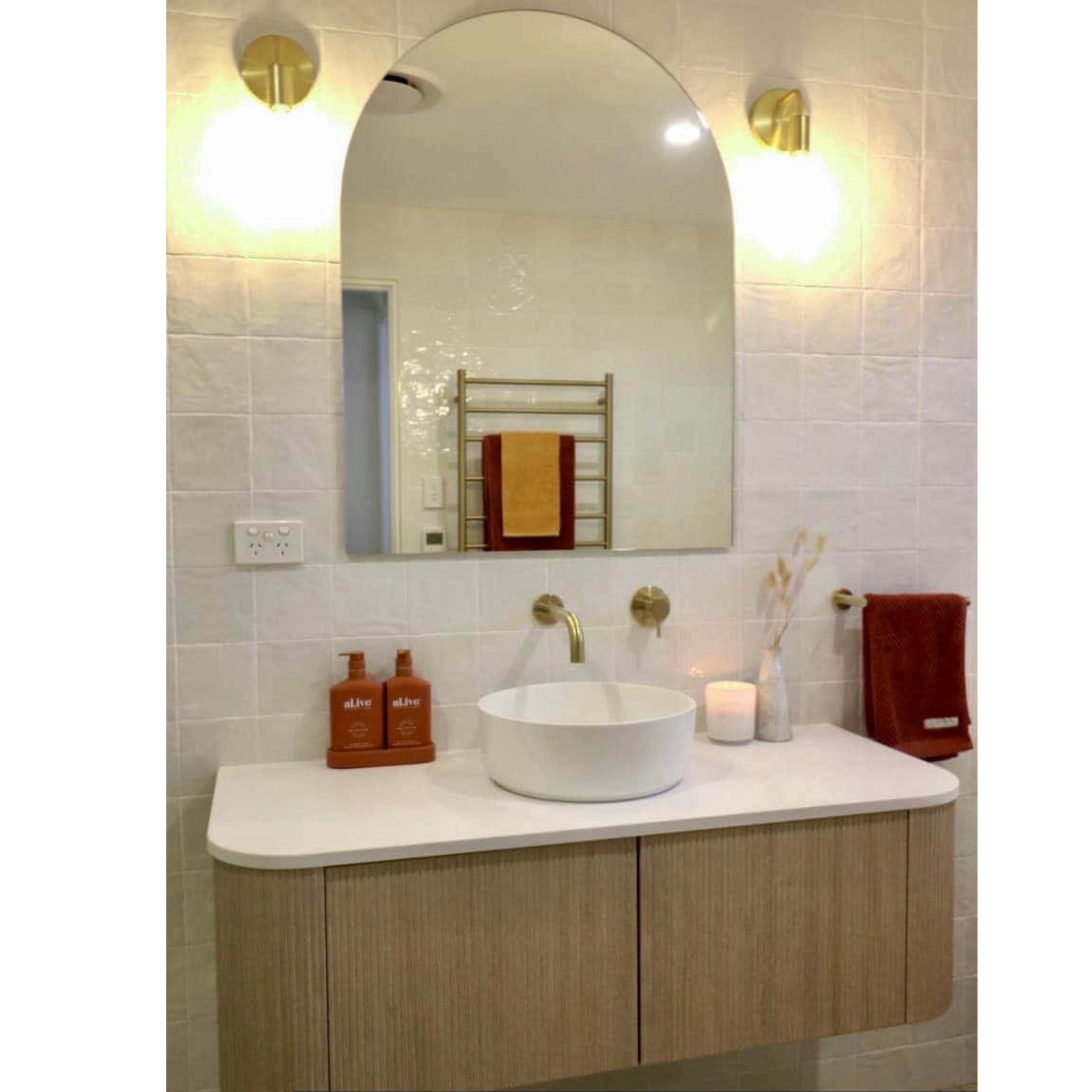 THERMOGROUP ABLAZE ARCH SHAPE MIRROR GLUE-TO-WALL WITH DEMISTER 750X1000MM