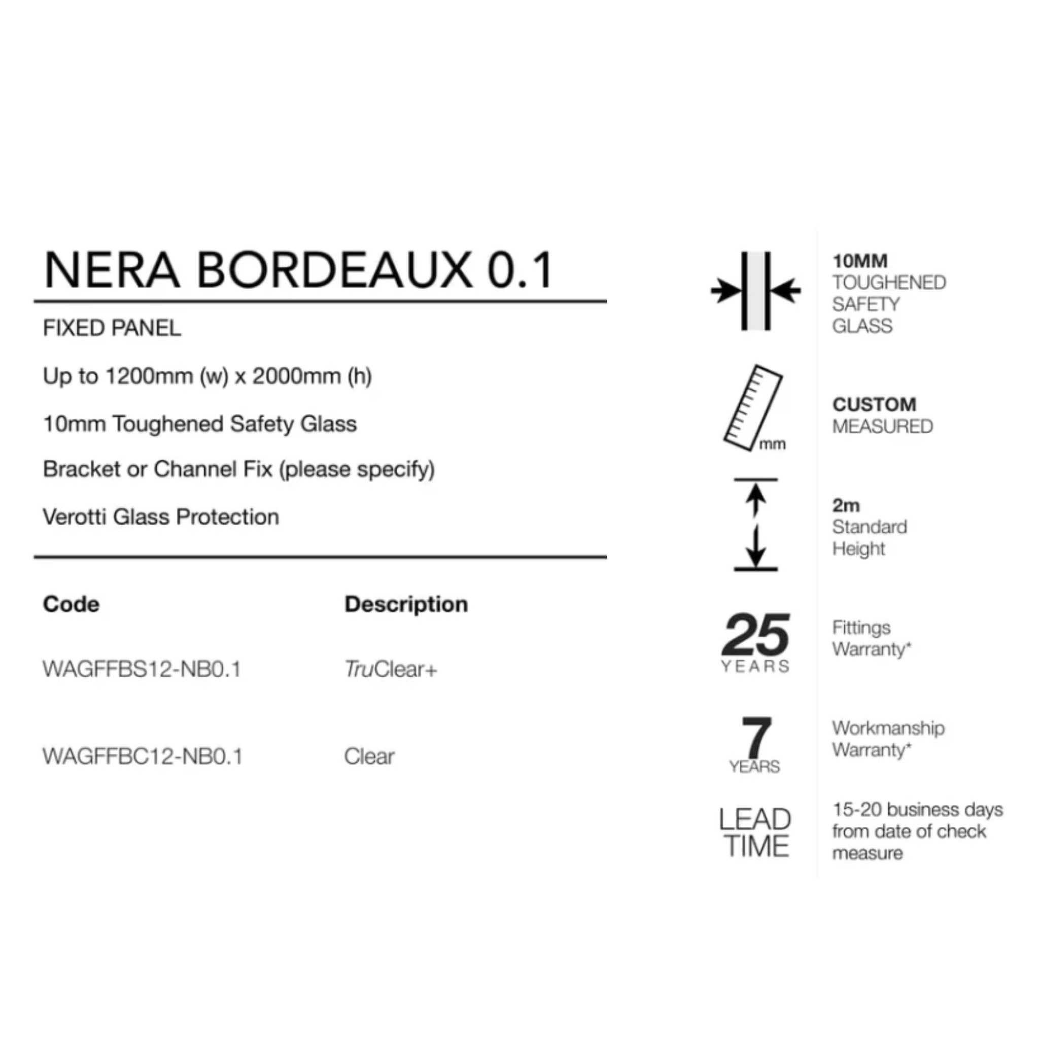 VEROTTI NERA BORDEAUX 0.1 FRAMED WALK-IN SHOWER SCREEN 1200X2000MM