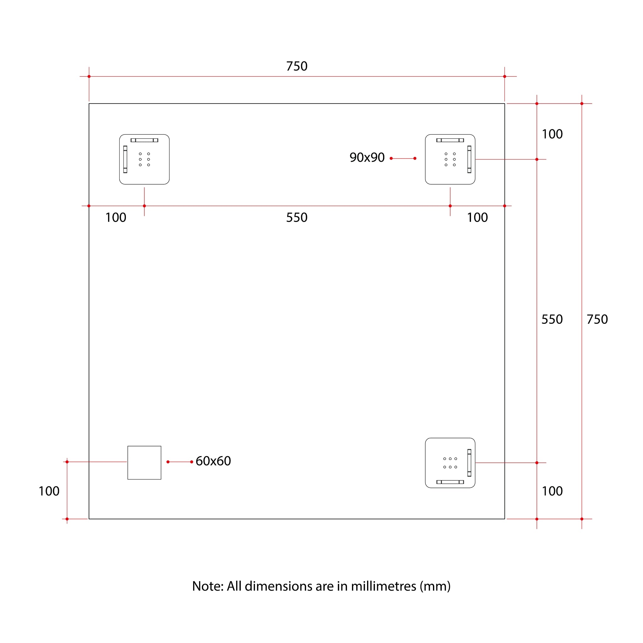 THERMOGROUP ABLAZE SQUARE 25MM BEVEL EDGE MIRROR 750MM