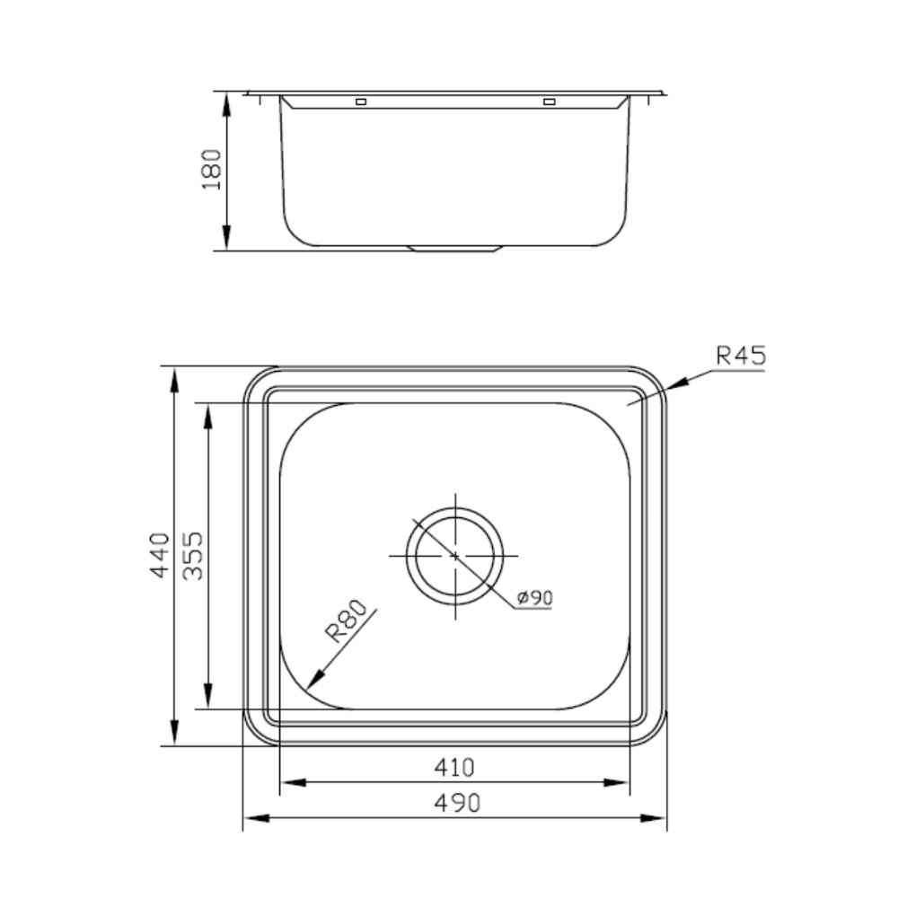 IKON SINGLE BOWL ABOVE MOUNT SINK STAINLESS STEEL 490MM