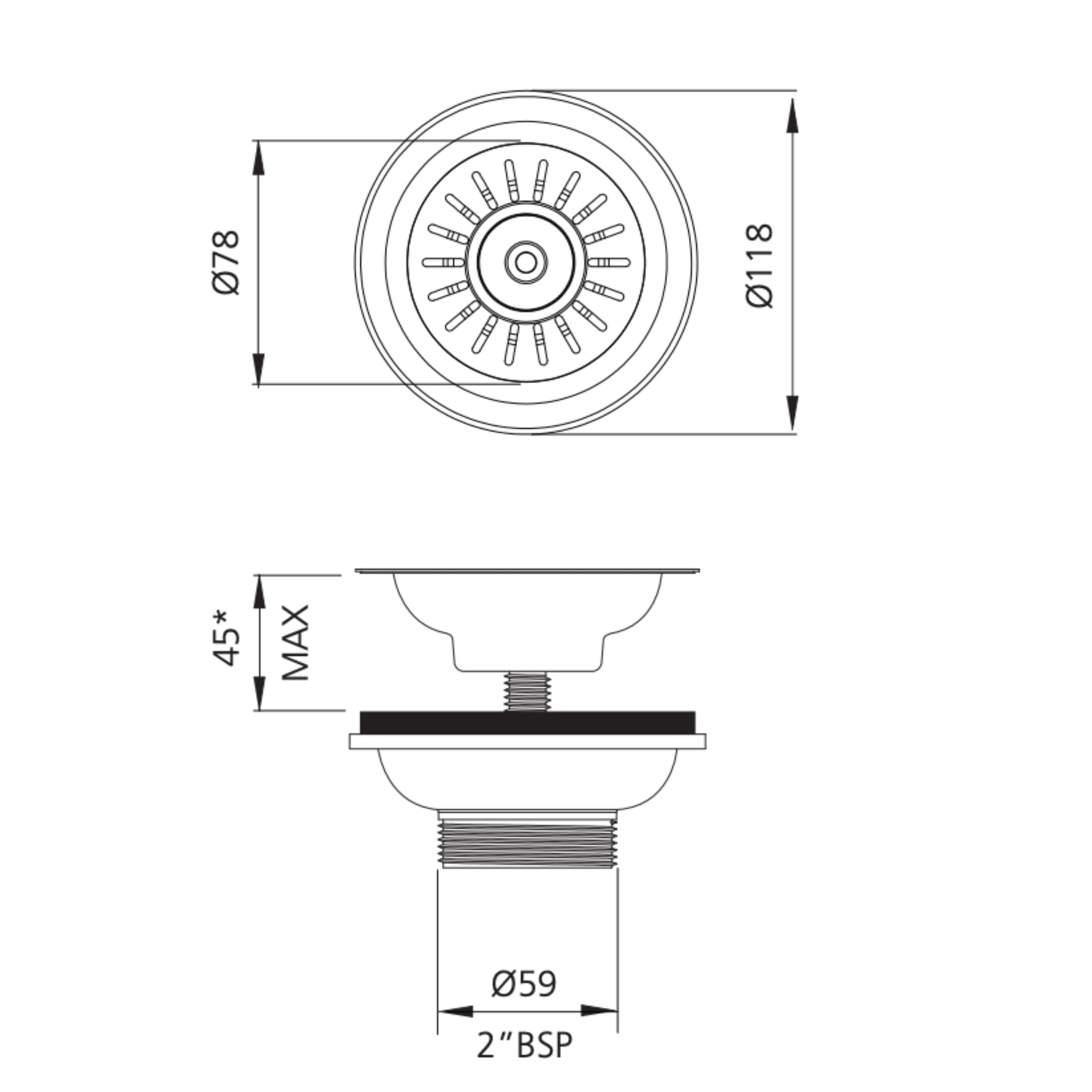 OLIVERI BASKET WASTE WITH EXTENDED SCREW LENGTH 118MM BLACK