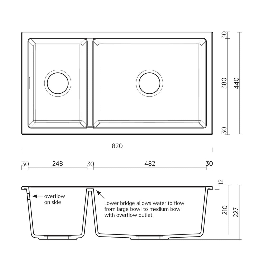 SEIMA OROS 822 1 & 1/2 DOUBLE BOWL KITCHEN SINK SILK MATTE BLACK 820MM