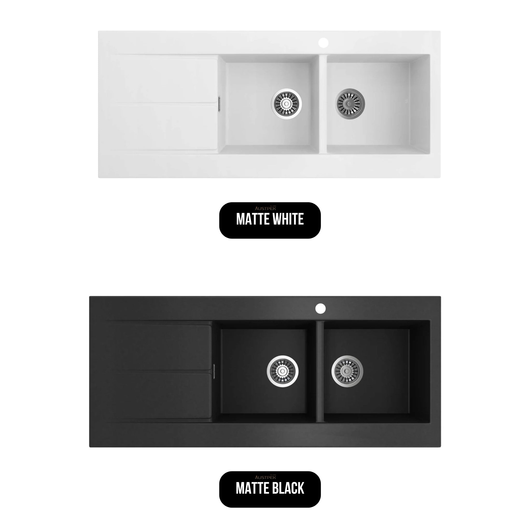 SEIMA OROS 1162 DOUBLE BOWL KITCHEN SINK WITH 3-TAPHOLES AND DRAINER SILK MATTE WHITE 1160MM