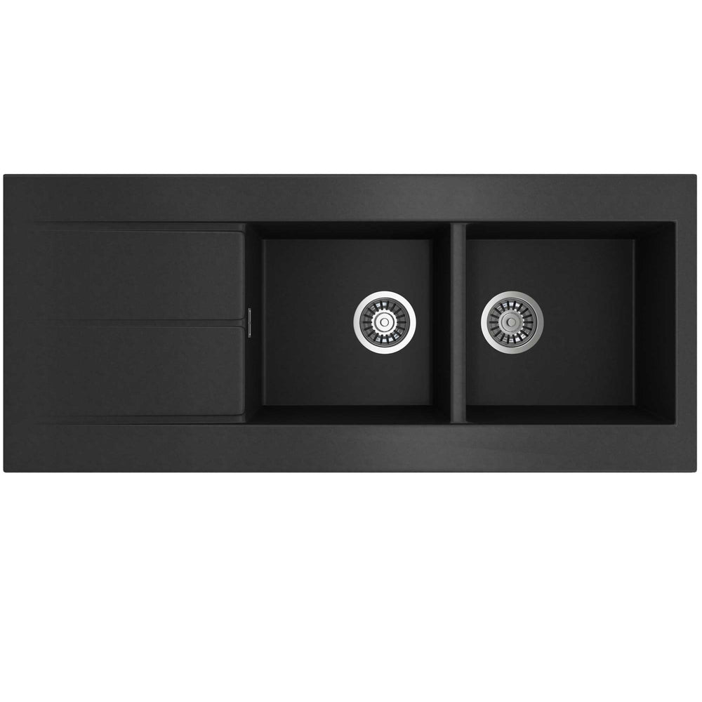 SEIMA OROS 1162 DOUBLE BOWL KITCHEN SINK WITH 3-TAPHOLES AND DRAINER SILK MATTE BLACK 1160MM