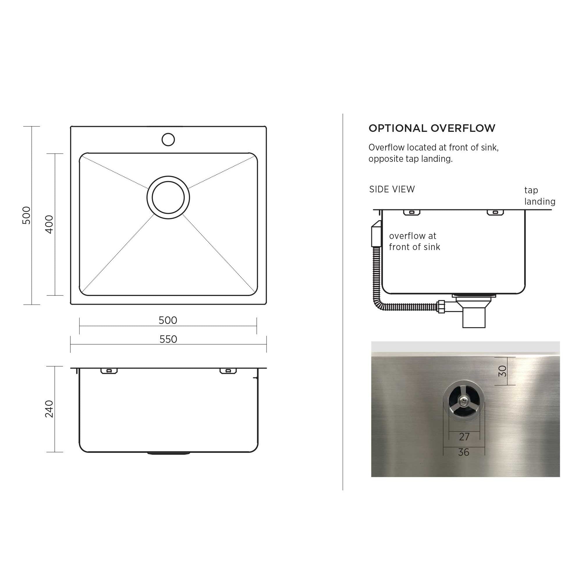SEIMA KUBIC DEEP 550 SINGLE BOWL KITCHEN AND LAUNDRY SINK STAINLESS STEEL 550MM