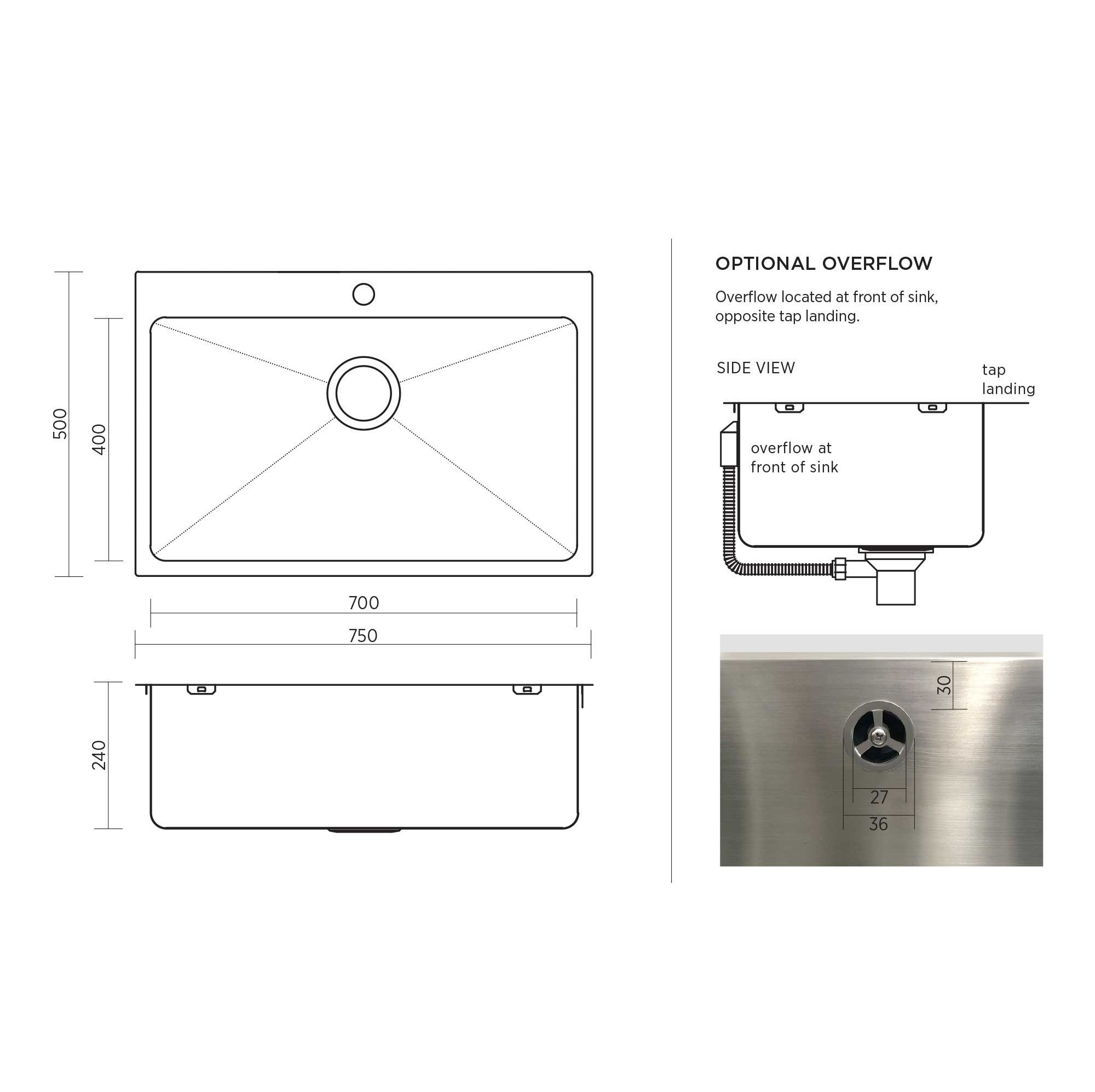 SEIMA KUBIC DEEP 750 SINGLE BOWL KITCHEN AND LAUNDRY SINK STAINLESS STEEL 750MM