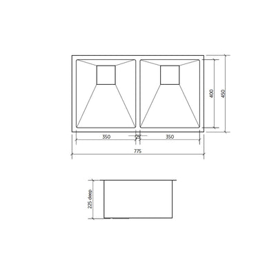 SEIMA TETRA 775 DOUBLE BOWL KITCHEN SINK STAINLESS STEEL 775MM
