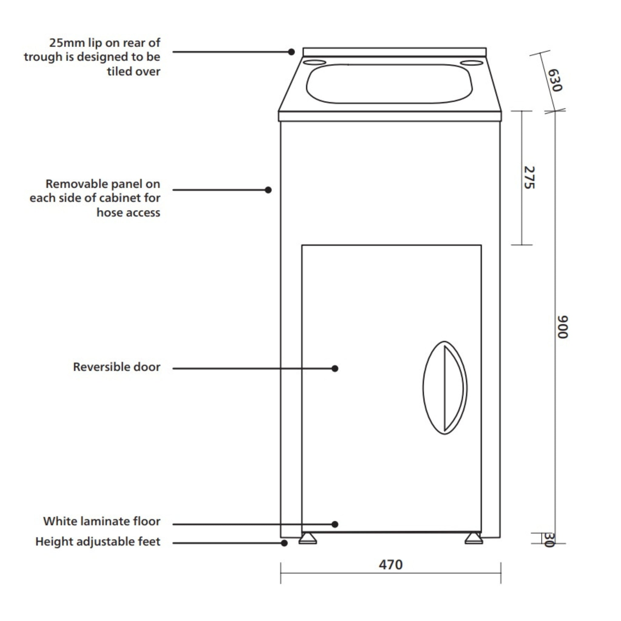 SEIMA TILOS 470 LAUNDRY CABINET WITH STAINLESS STEEL TUB WHITE 470MM