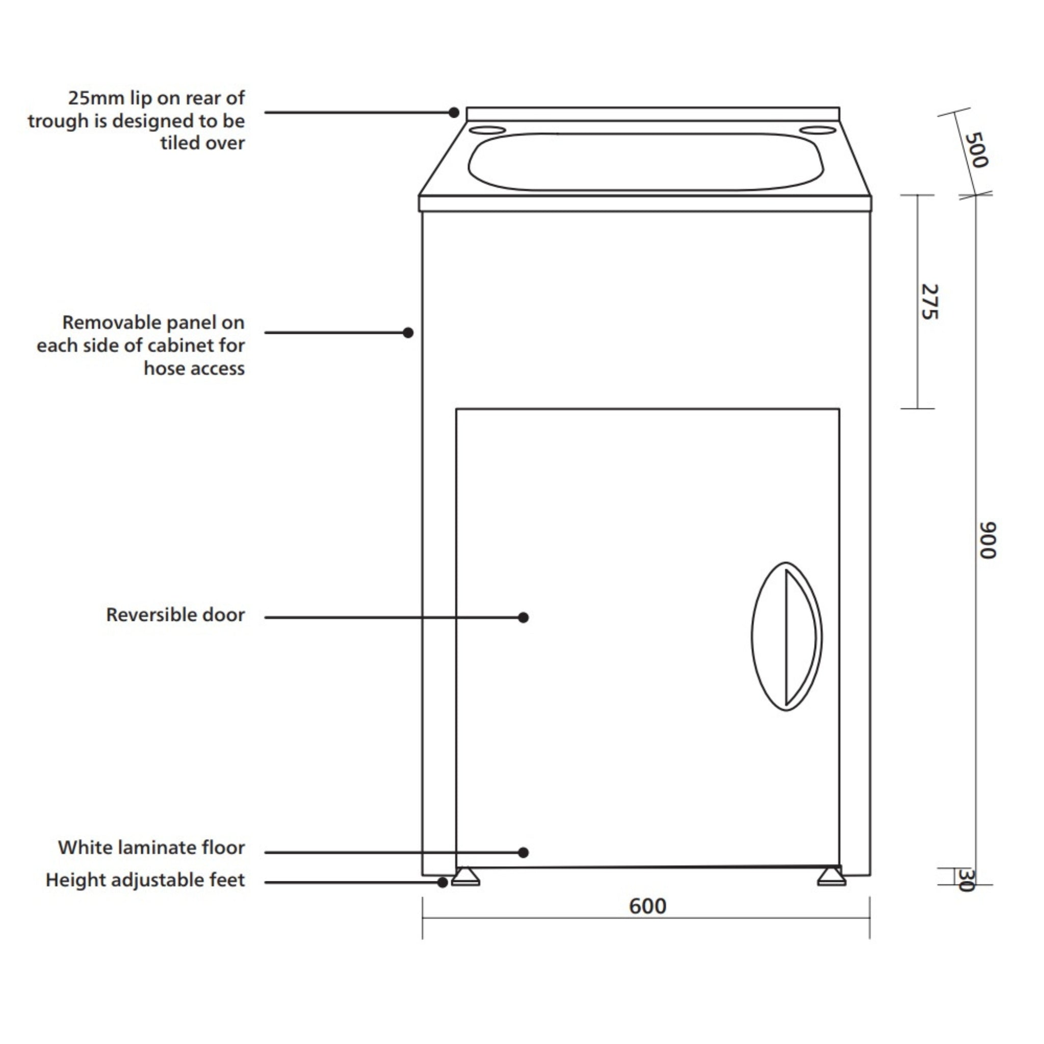 SEIMA TILOS 600 LAUNDRY CABINET WITH STAINLESS STEEL TUB WHITE 600MM