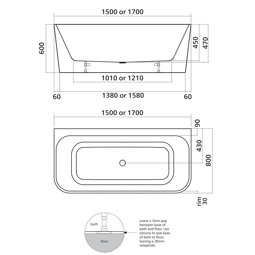 SEIMA PLATI 130 BACK-TO-WALL BATHTUB GLOSS WHITE (AVAILABLE IN 1500MM AND 1700MM)