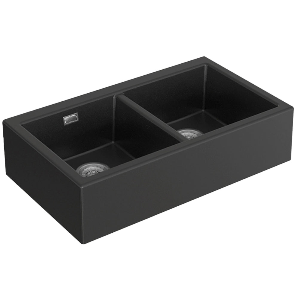 SEIMA OROS 902 DOUBLE BOWL APRON FRONT KITCHEN AND LAUNDRY SINK SILK MATTE BLACK 900MM