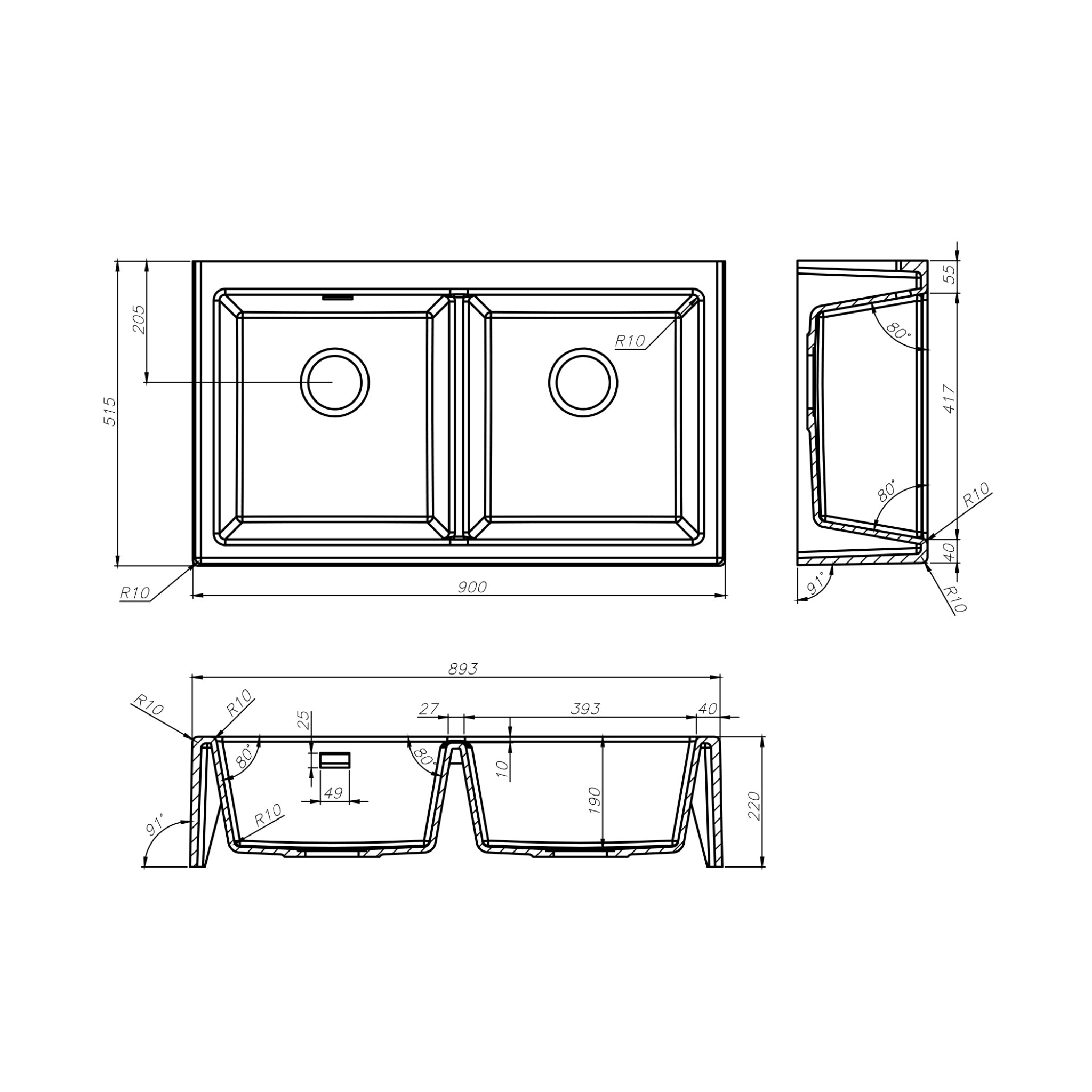 SEIMA OROS 902 DOUBLE BOWL APRON FRONT KITCHEN AND LAUNDRY SINK SILK MATTE BLACK 900MM
