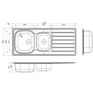 SEIMA ACERO 1160 1 & 3/4 BOWL KITCHEN SINK WITH DRAINER STAINLESS STEEL 1160MM