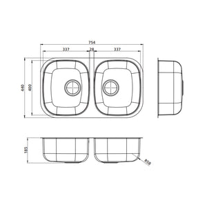 SEIMA ACERO 754 DOUBLE BOWL KITCHEN SINK STAINLESS STEEL 754MM
