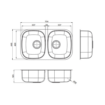 SEIMA ACERO 754 DOUBLE BOWL KITCHEN SINK STAINLESS STEEL 754MM