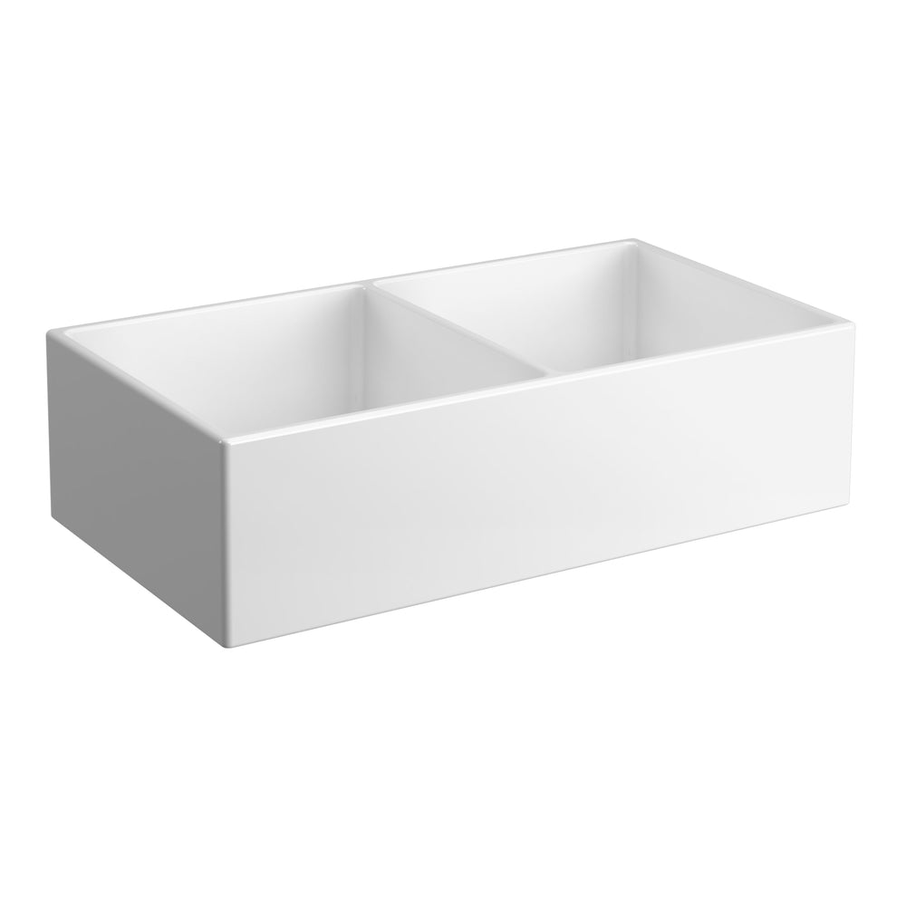 SEIMA ODESSA 915 DOUBLE BOWL APRON FRONT KITCHEN AND LAUNDRY SINK GLOSS WHITE 915MM