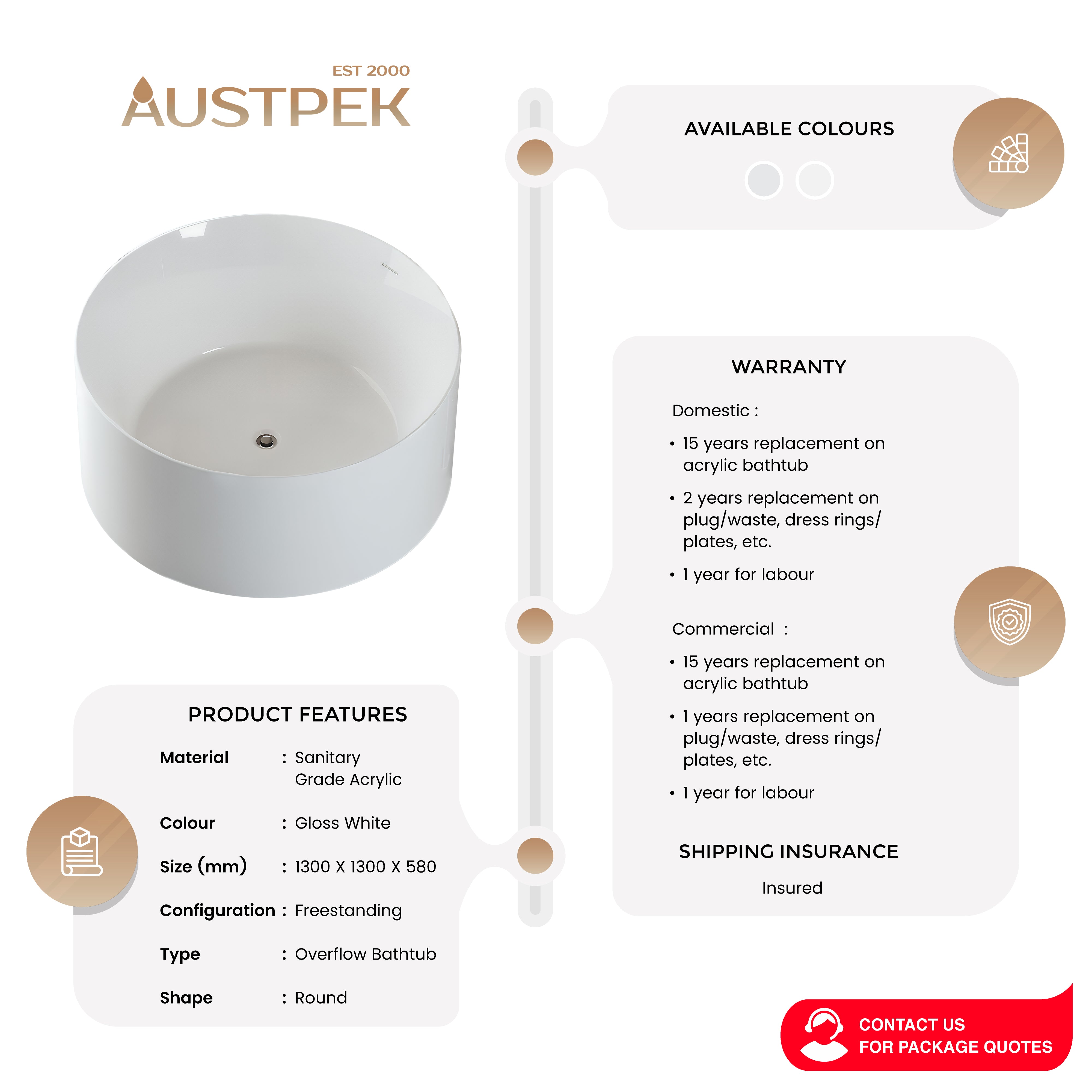 SEIMA ARKO 130 FREESTANDING BATHTUB WITH OVERFLOW GLOSS WHITE 1300MM
