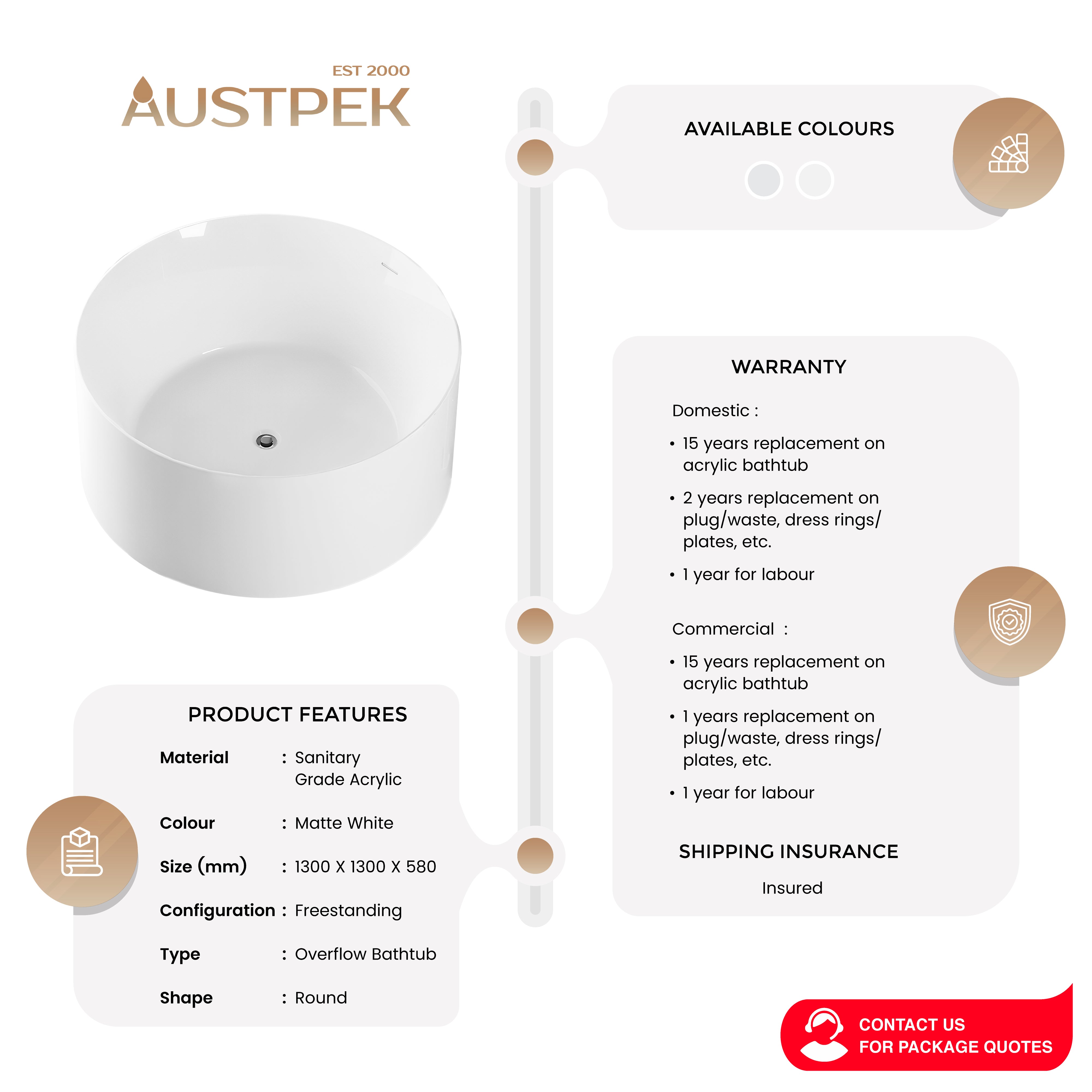SEIMA ARKO 130 FREESTANDING BATHTUB WITH OVERFLOW MATTE WHITE 1300MM