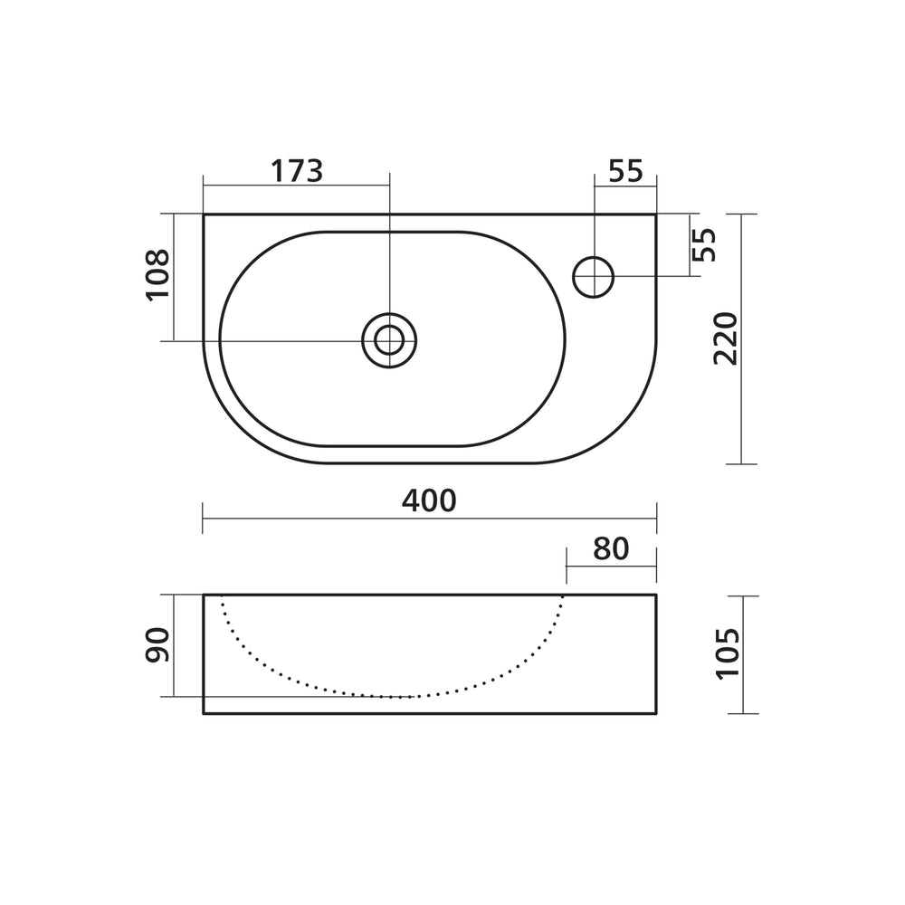 SEIMA ARKO 485 WALL HUNG BASIN WITH TAPHOLE GLOSS WHITE 400MM