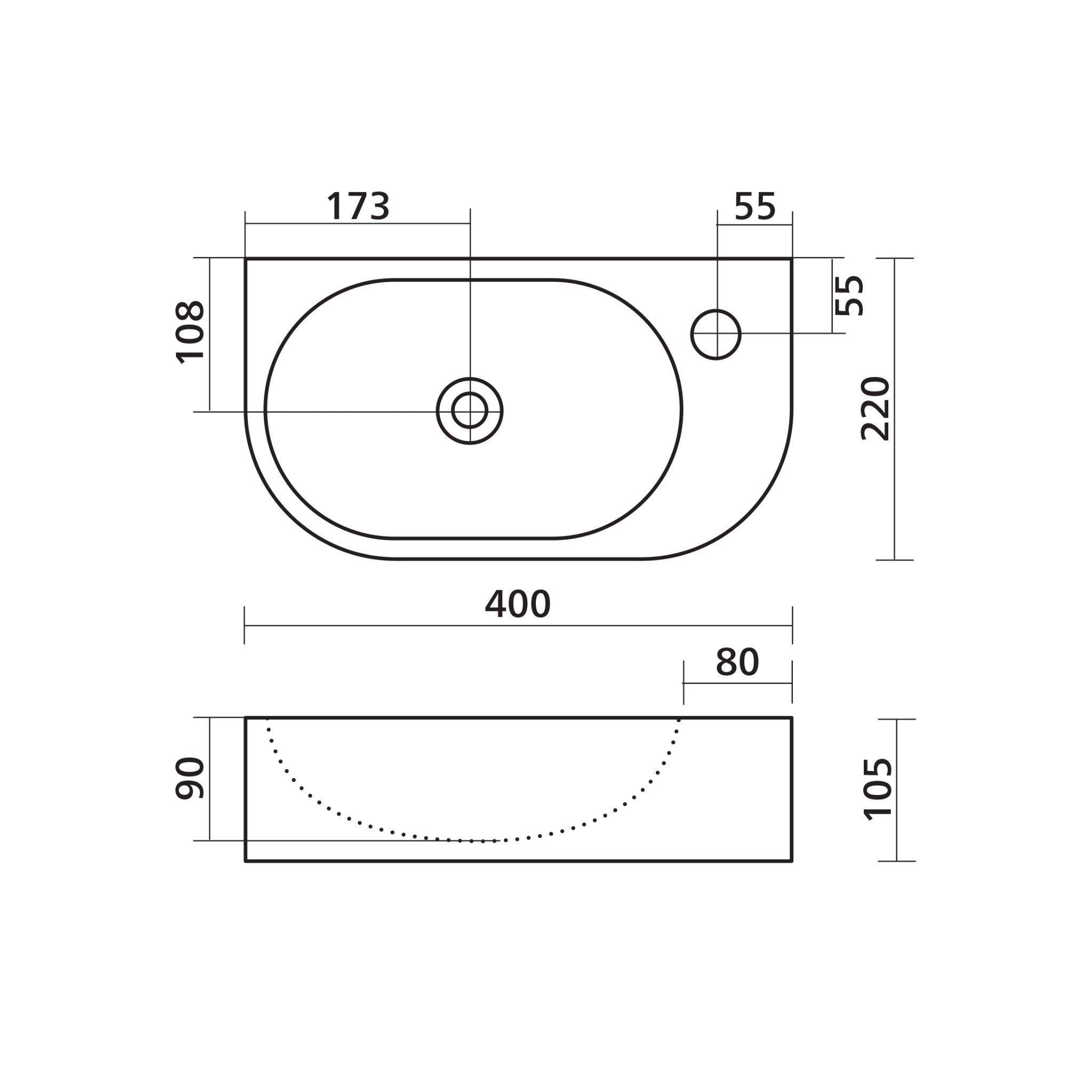 SEIMA ARKO 485 WALL HUNG BASIN WITH TAPHOLE GLOSS WHITE 400MM