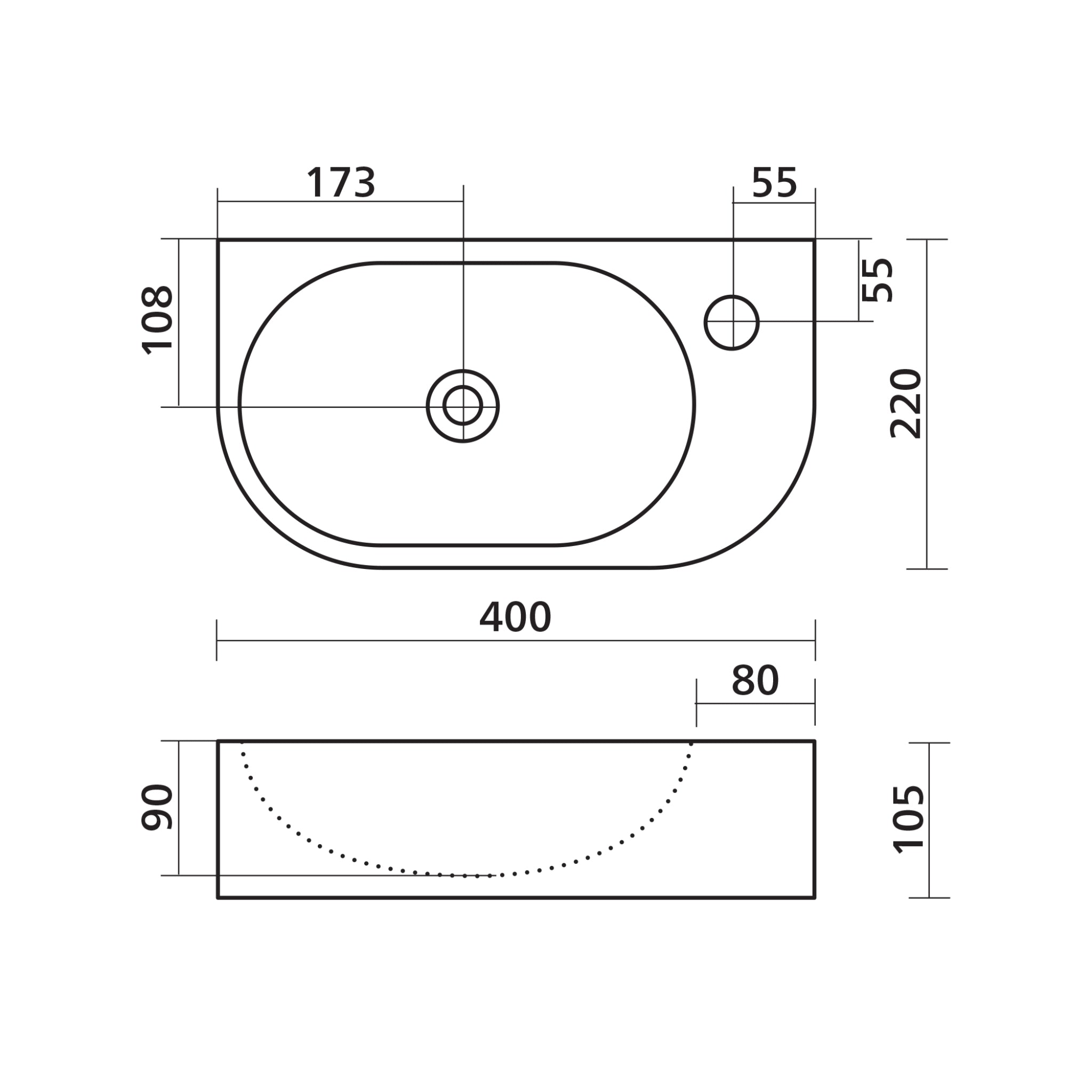 SEIMA ARKO 485 WALL HUNG BASIN WITH TAPHOLE SILK MATTE BLACK 400MM
