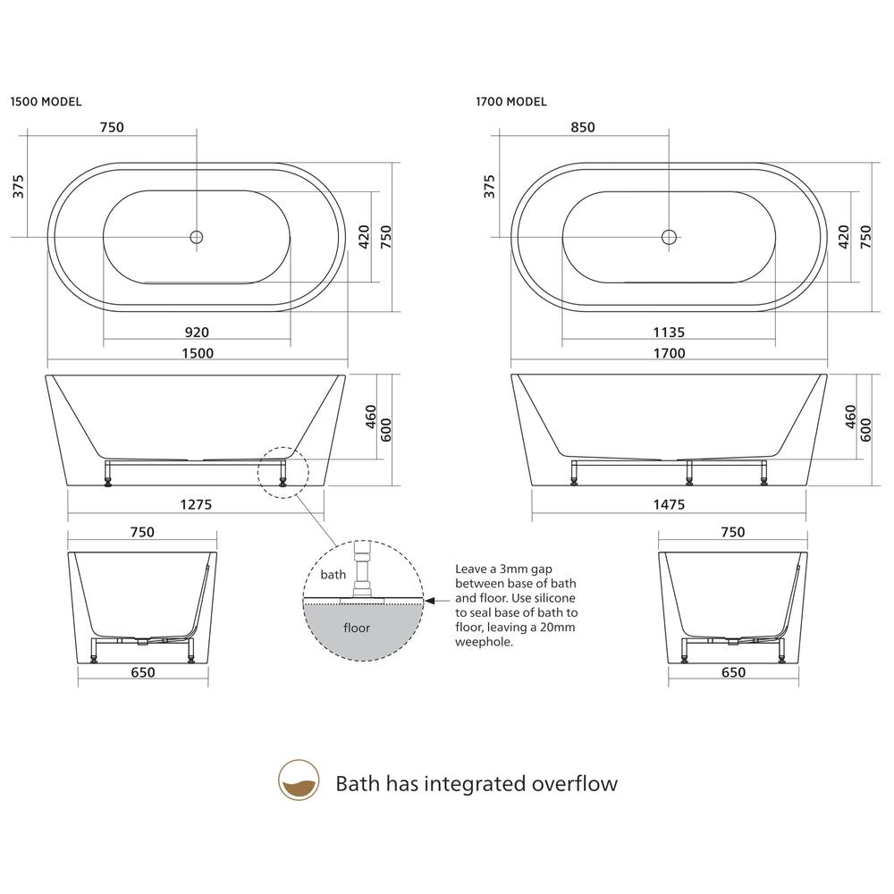 SEIMA LIMNI 101 FREESTANDING BATHTUB WITH OVERFLOW GLOSS WHITE (AVAILABLE IN 1500MM AND 1700MM)
