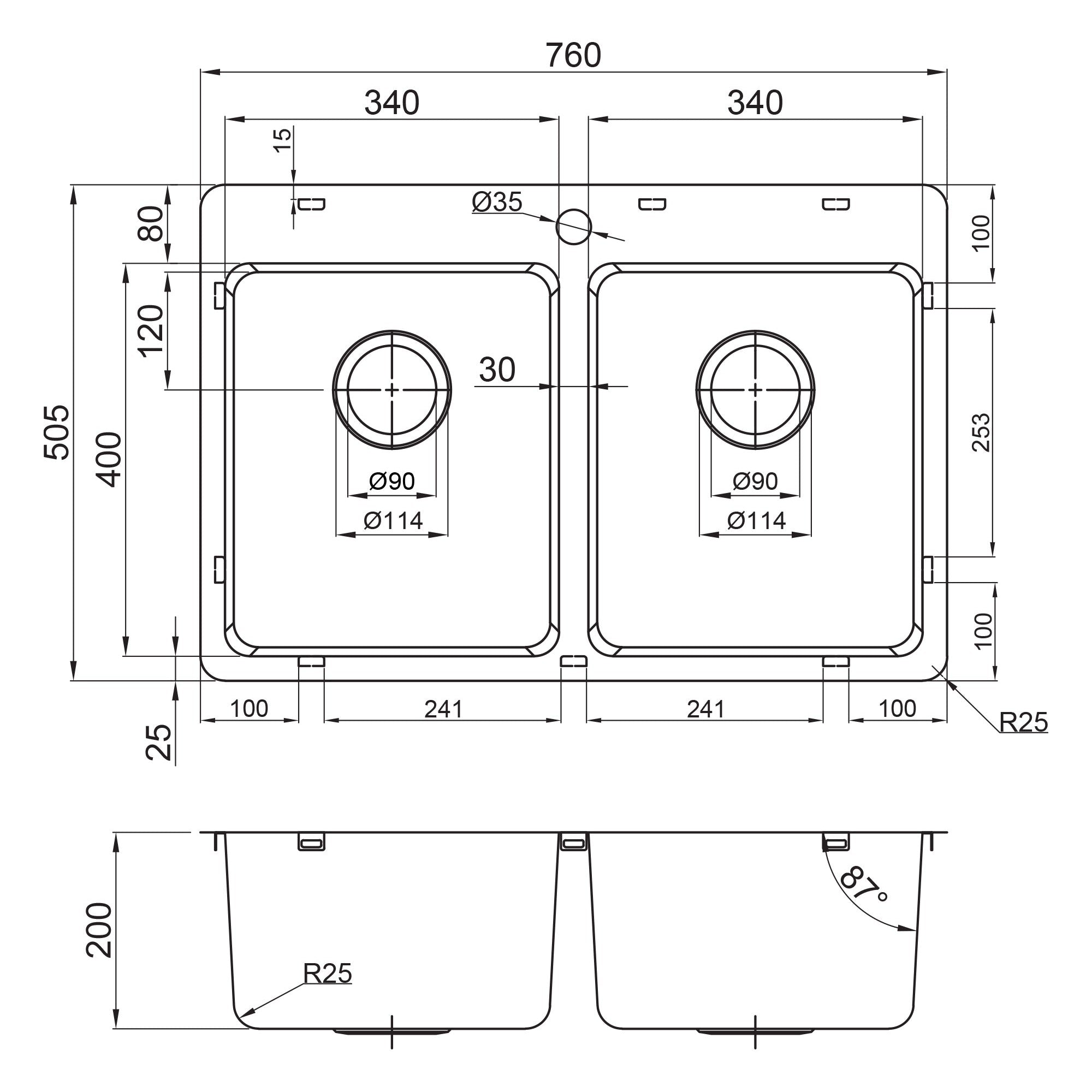 SEIMA KUBIC 760 DOUBLE BOWL KITCHEN SINK WITH TAP LANDING STAINLESS STEEL 760MM