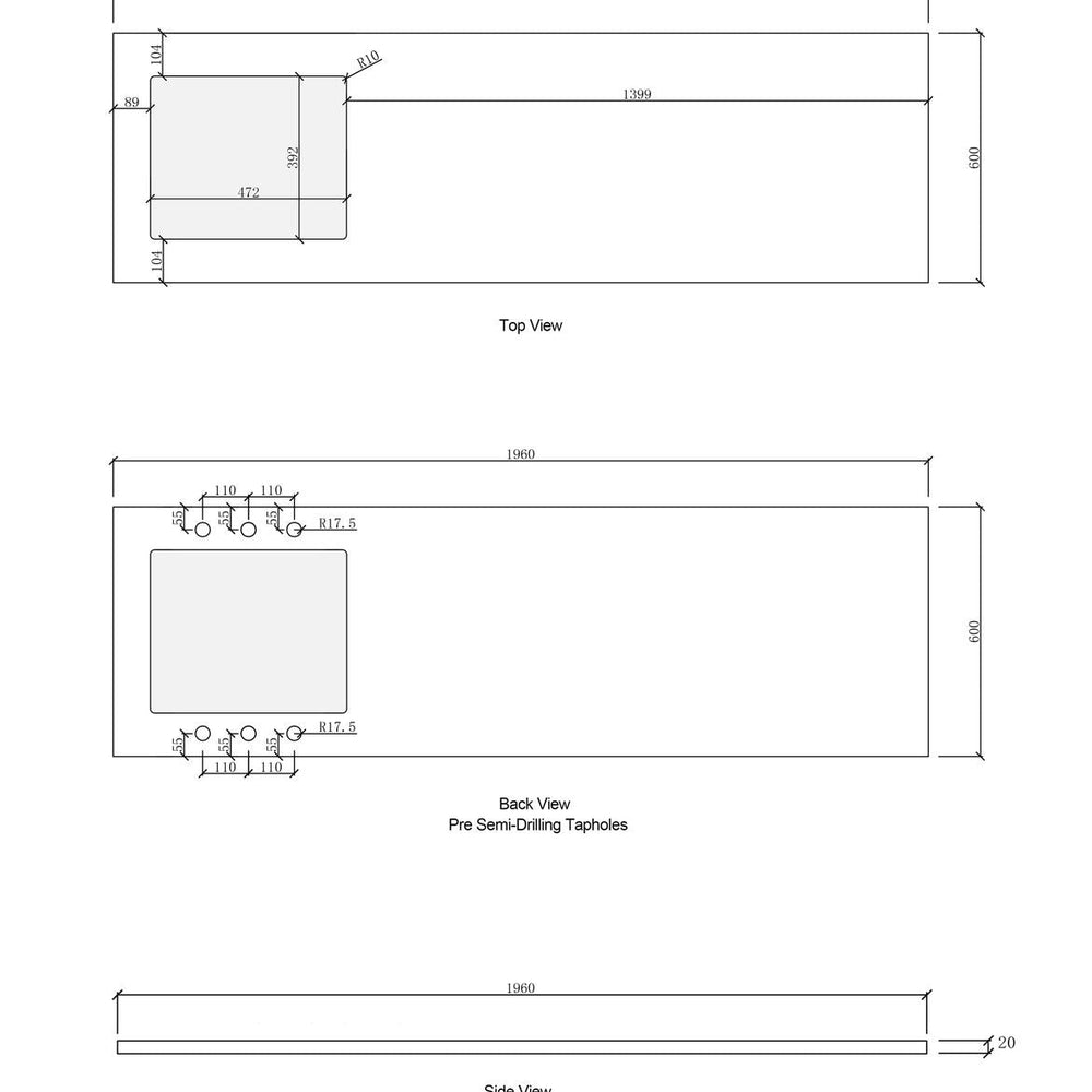 OTTI SOLID SURFACE MATTE WHITE 1960MM LAUNDRY STONE TOP