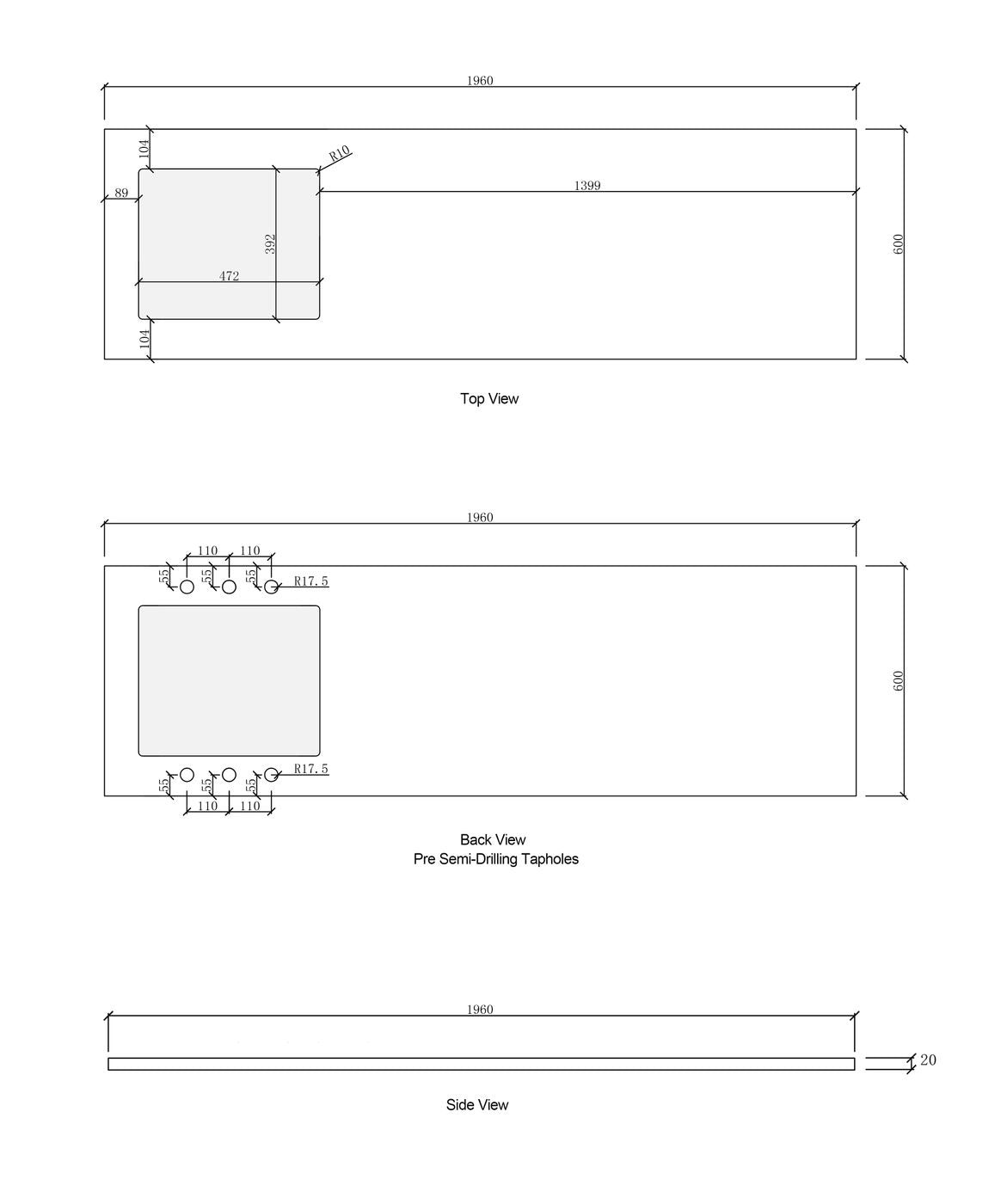 OTTI SOLID SURFACE MATTE WHITE 1960MM LAUNDRY STONE TOP