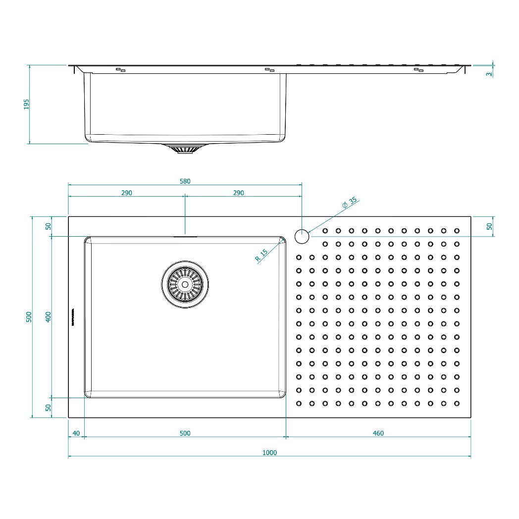 BARAZZA 1ISX100L KITCHEN SINK TECHNICAL DRAWING WITH DIMENSIONS
