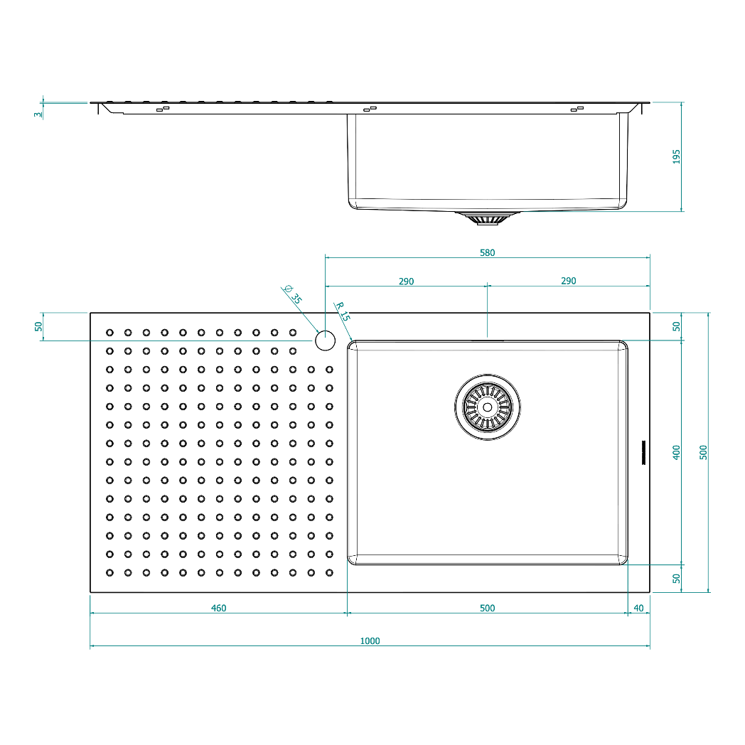 BARAZZA 1ISX100R KITCHEN SINK TECHNICAL DRAWING WITH DIMENSIONS