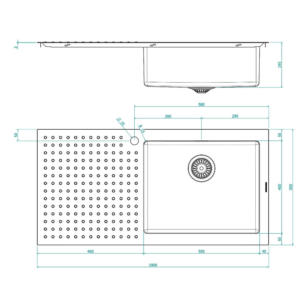 BARAZZA 1ISX100R KITCHEN SINK TECHNICAL DRAWING WITH DIMENSIONS