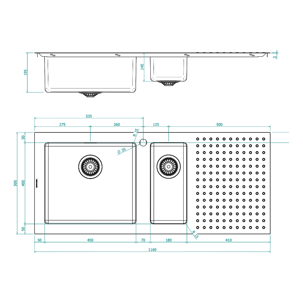 BARAZZA 1ISX120L KITCHEN SINK TECHNICAL DRAWING WITH DIMENSIONS