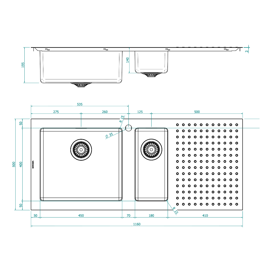BARAZZA 1ISX120L KITCHEN SINK TECHNICAL DRAWING WITH DIMENSIONS
