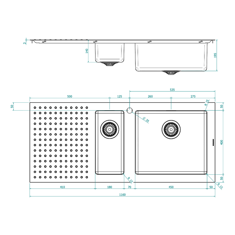 BARAZZA 1ISX120R KITCHEN SINK TECHNICAL DRAWING WITH DIMENSIONS