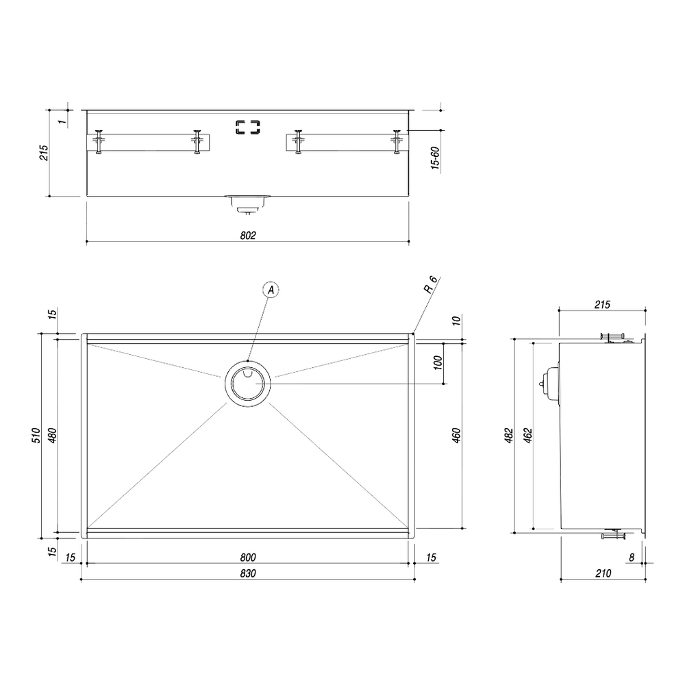 BARAZZA 1QA841IK KITCHEN SINK TECHNICAL DRAWING WITH DIMENSIONS