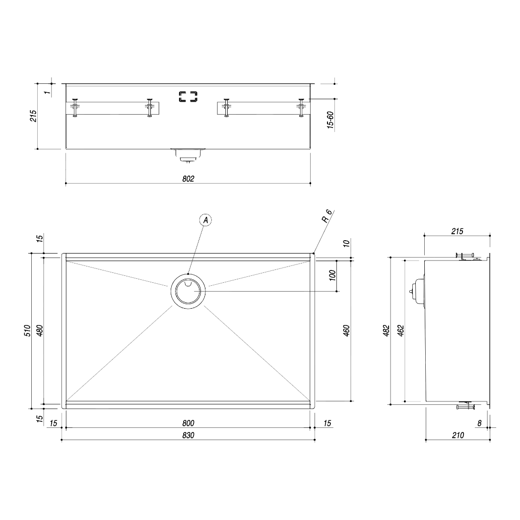 BARAZZA 1QA841IK KITCHEN SINK TECHNICAL DRAWING WITH DIMENSIONS