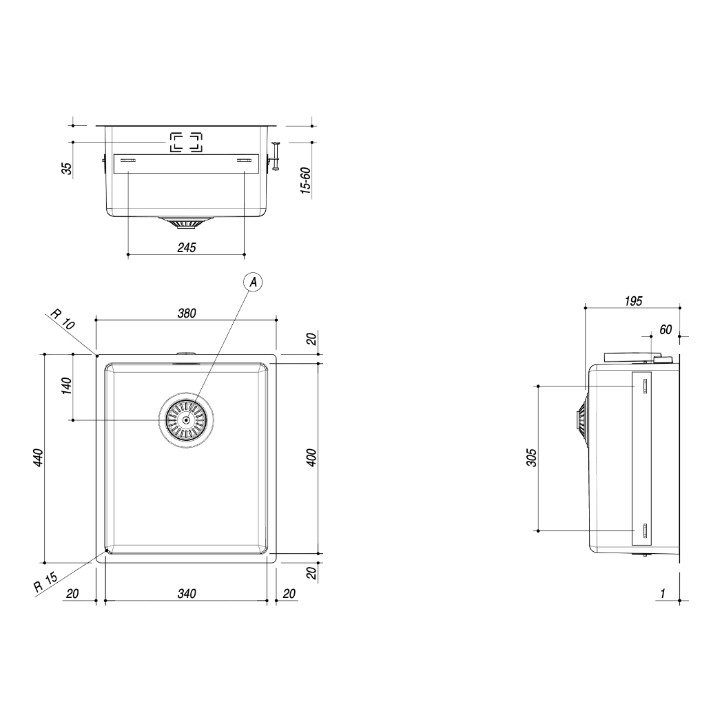 BARAZZA 1X3440I KITCHEN SINK TECHNICAL DRAWING WITH DIMENSIONS